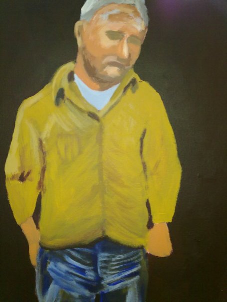 self portrait of a grey haired man in jeans and a shirt, painted in acrylic 