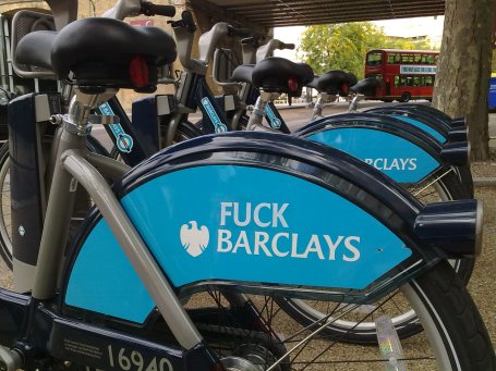 Barclays bicycles with f*ck written on them